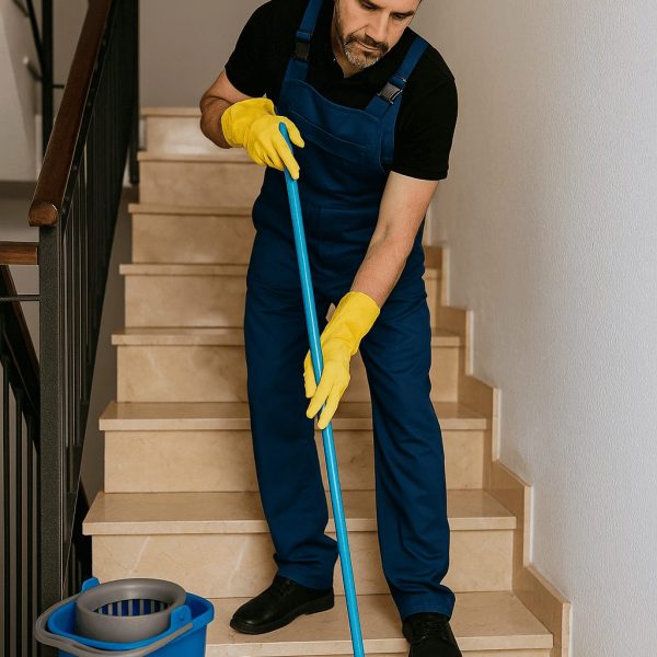 Hombre limpiando portal